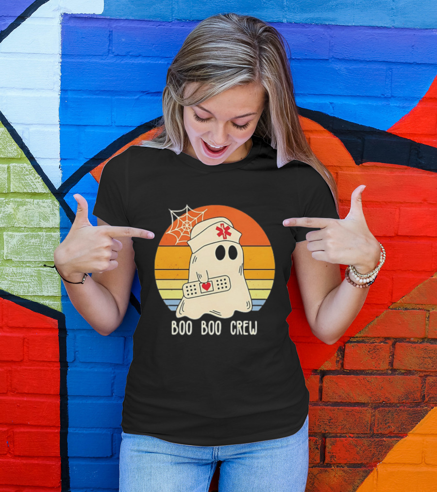Boo Boo Crew Ghost Nurse Halloween Bandage Heart Spiderweb T-Shirt