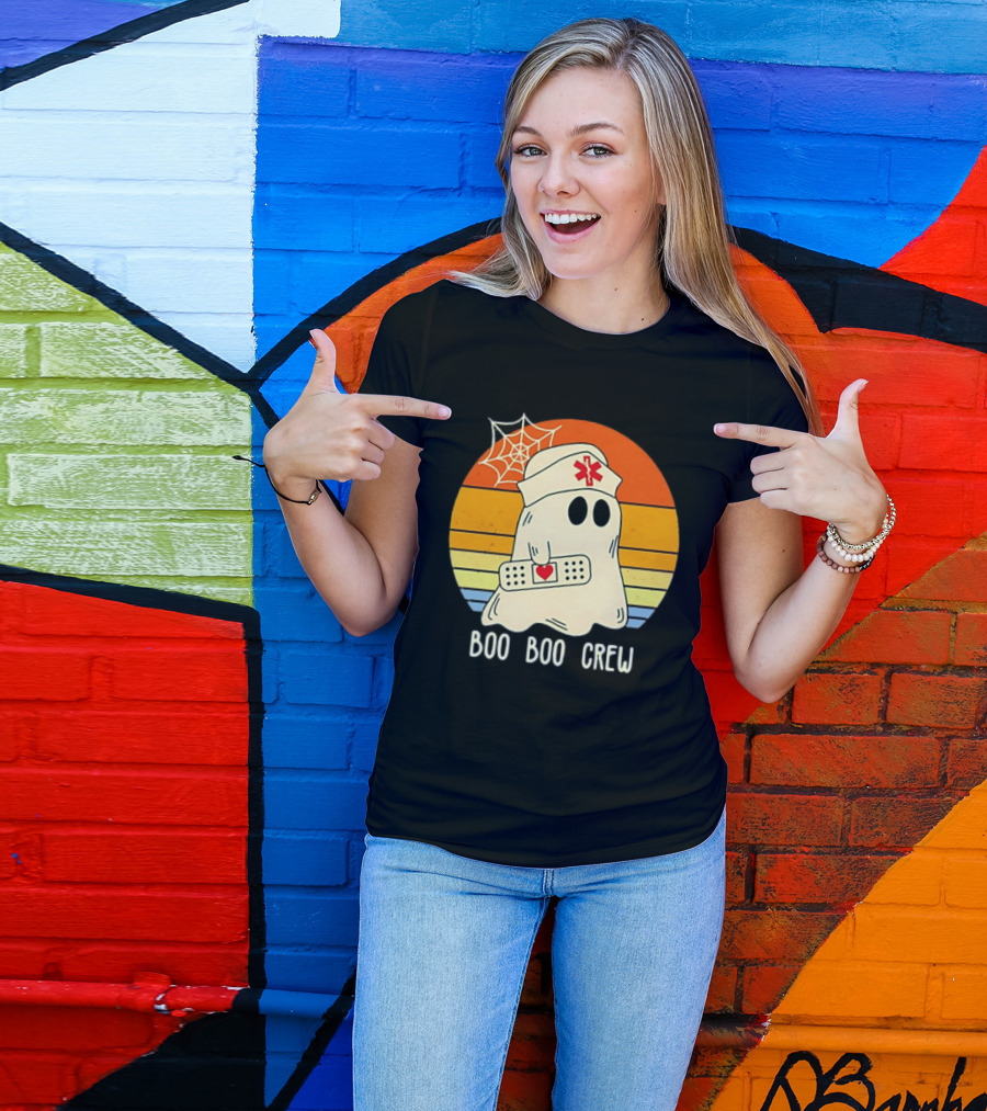 Boo Boo Crew Ghost Nurse Halloween Bandage Heart Spiderweb T-Shirt