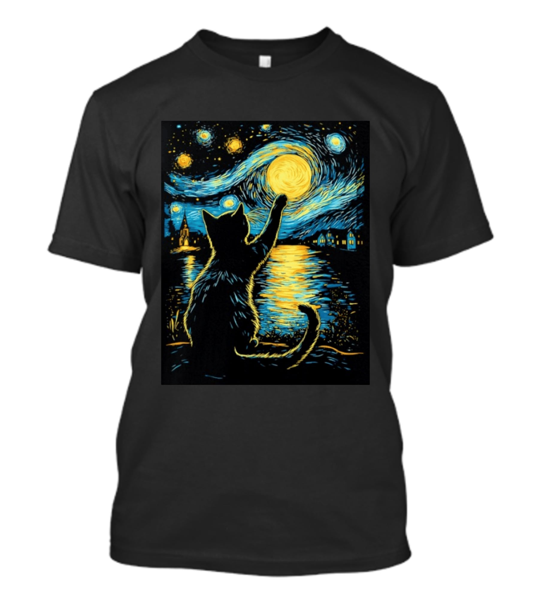 Cat Reaching For The Moon Starry Night Van Gogh Inspired Scene T-Shirt