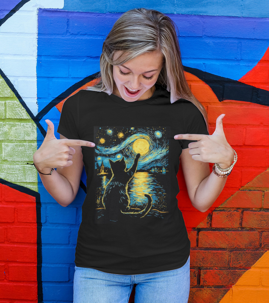 Cat Reaching For The Moon Starry Night Van Gogh Inspired Scene T-Shirt