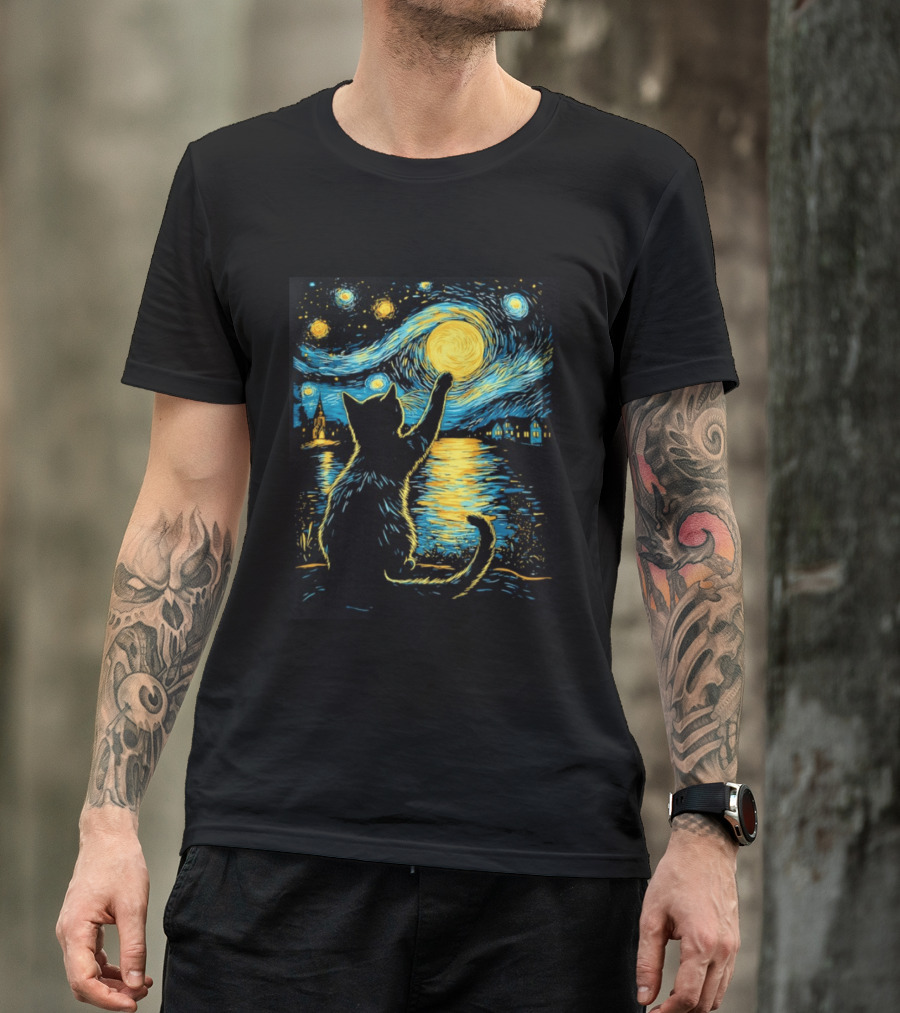 Cat Reaching For The Moon Starry Night Van Gogh Inspired Scene T-Shirt