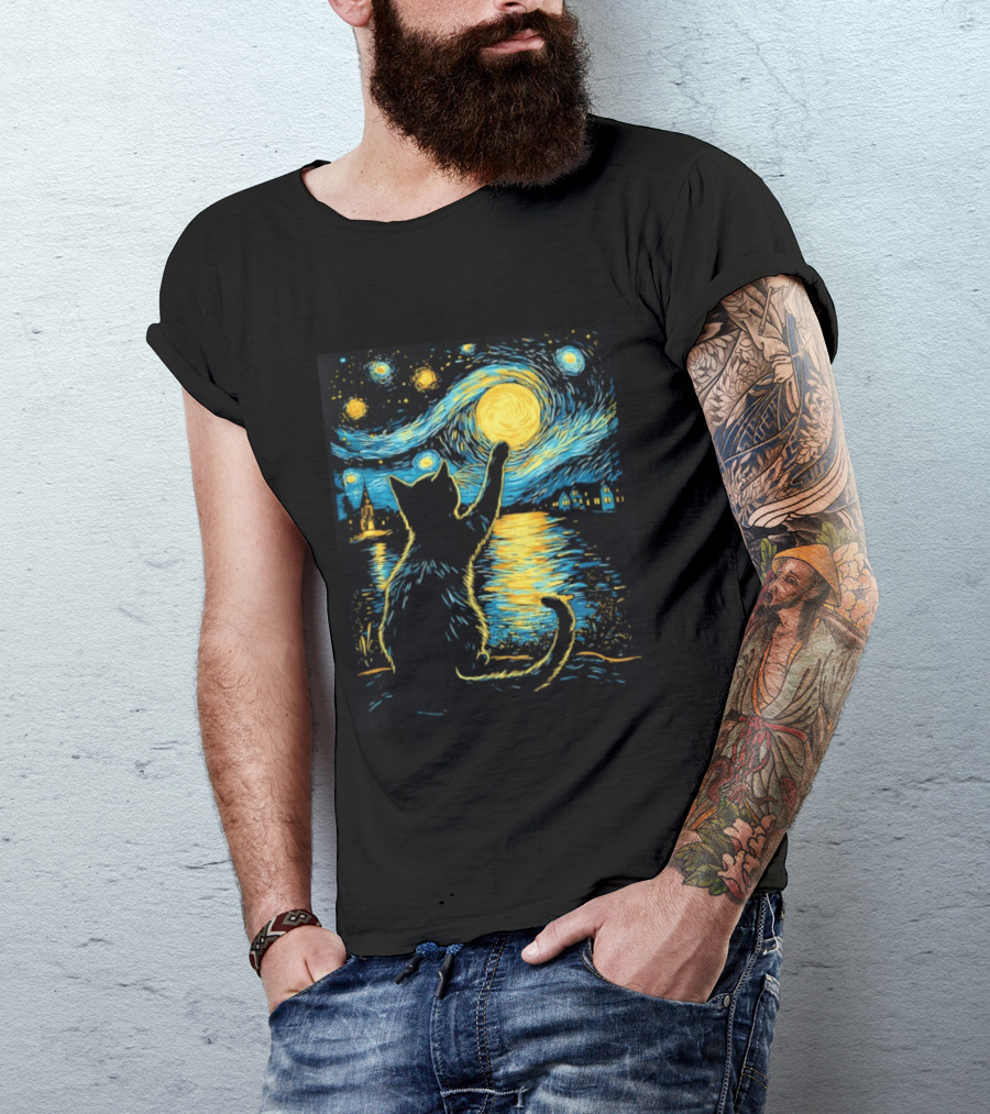 Cat Reaching For The Moon Starry Night Van Gogh Inspired Scene T-Shirt