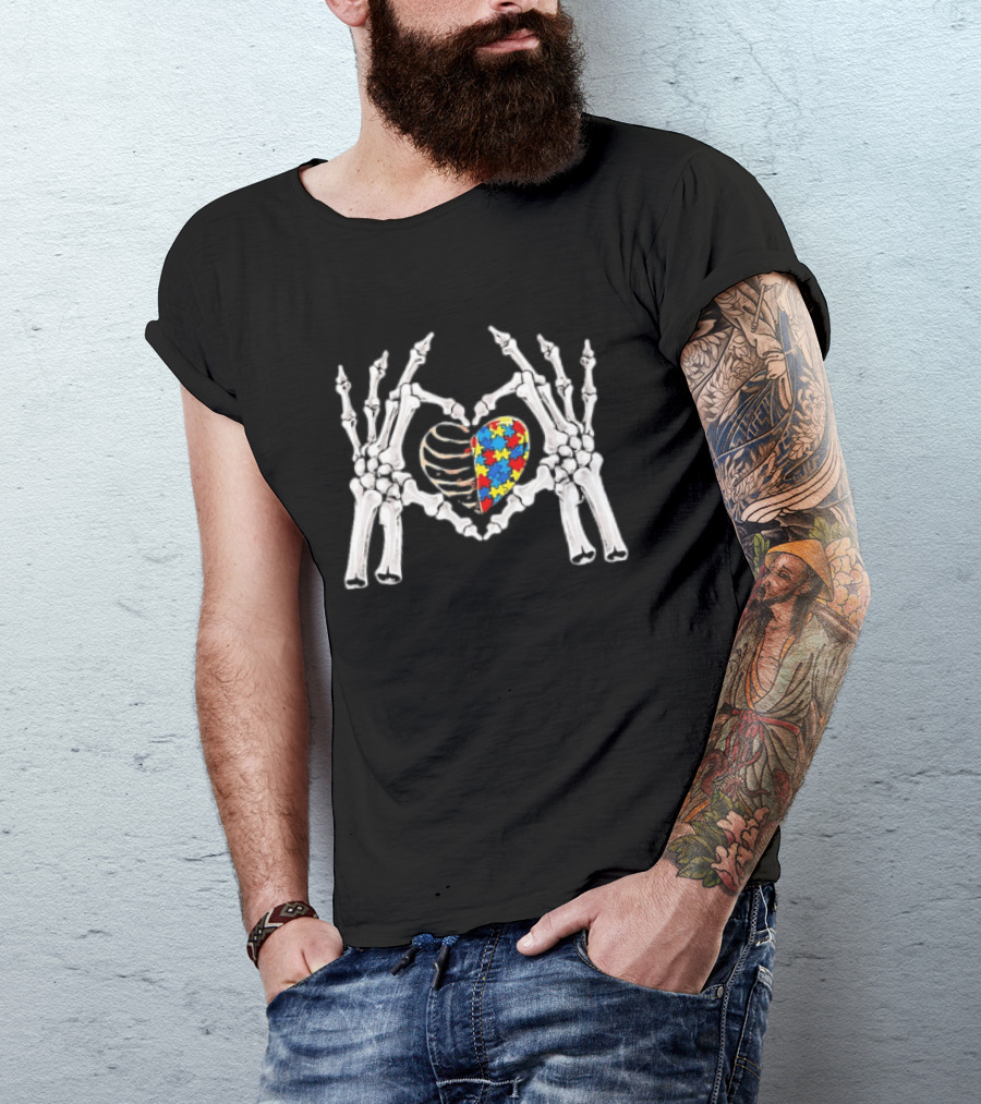 Skeleton Hands Heart Autism Puzzle Piece Awareness T-Shirt