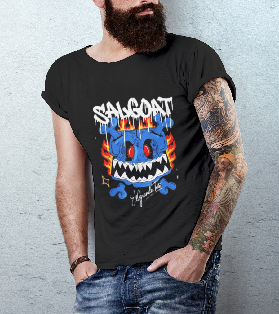 ElGrandeToto Salgoat Hip Hop Streetwear Blue Skull Flame T-Shirt