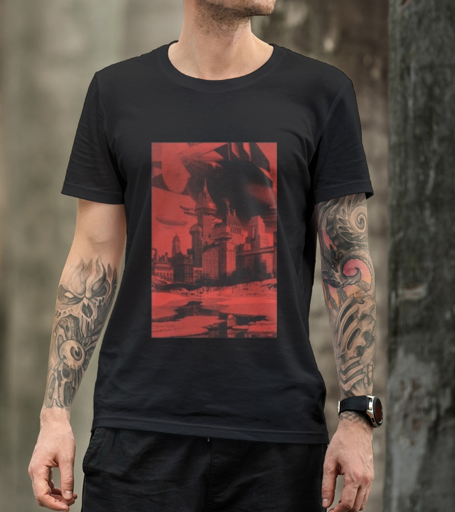 The Barbarians Of California Megatons Pull Retro Futuristic Cityscape Airships T-Shirt