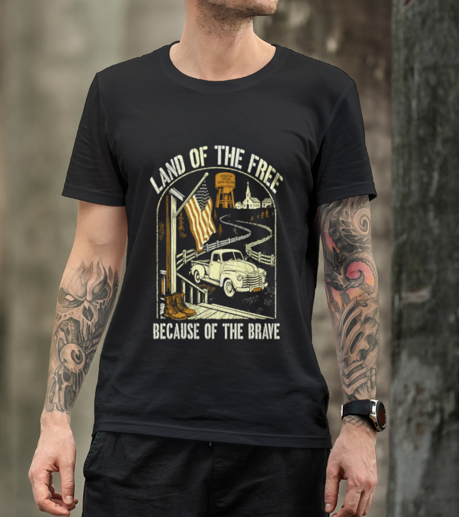 Land Of The Free Because Of The Brave American Patriotic Farm Truck With Flag And Country Landscape T-Shirt
