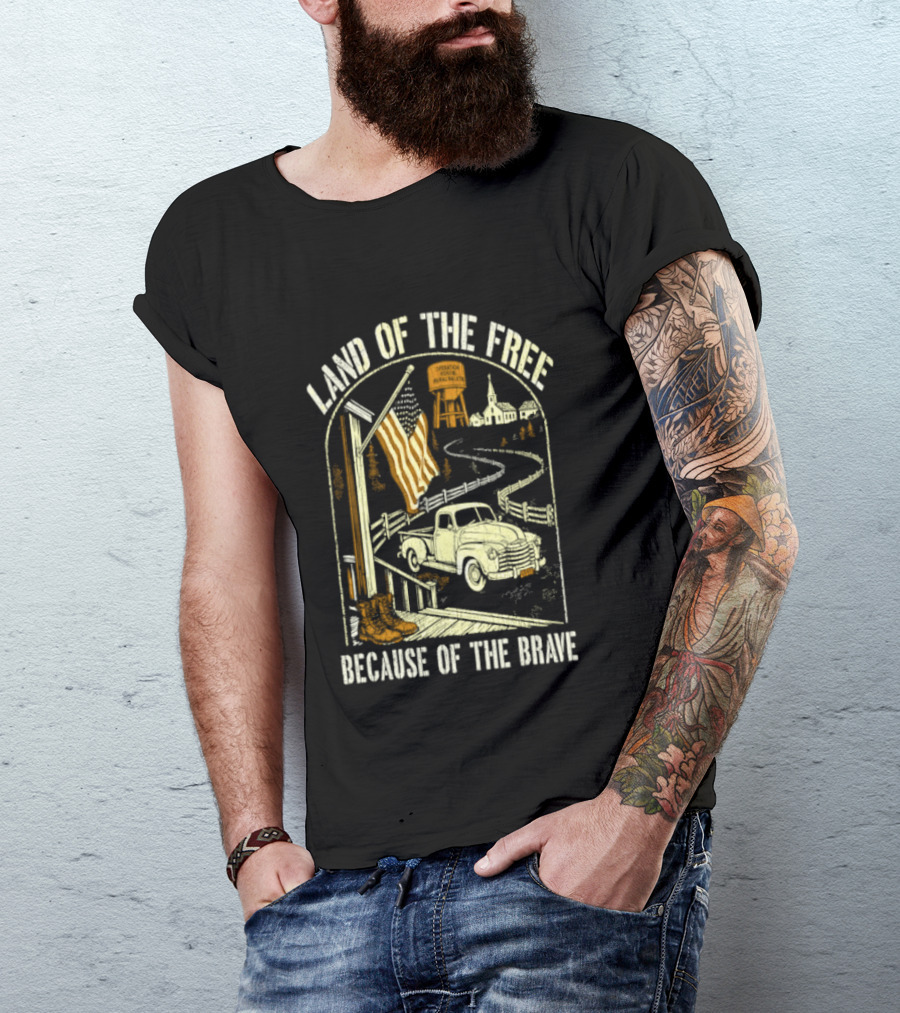 Land Of The Free Because Of The Brave American Patriotic Farm Truck With Flag And Country Landscape T-Shirt