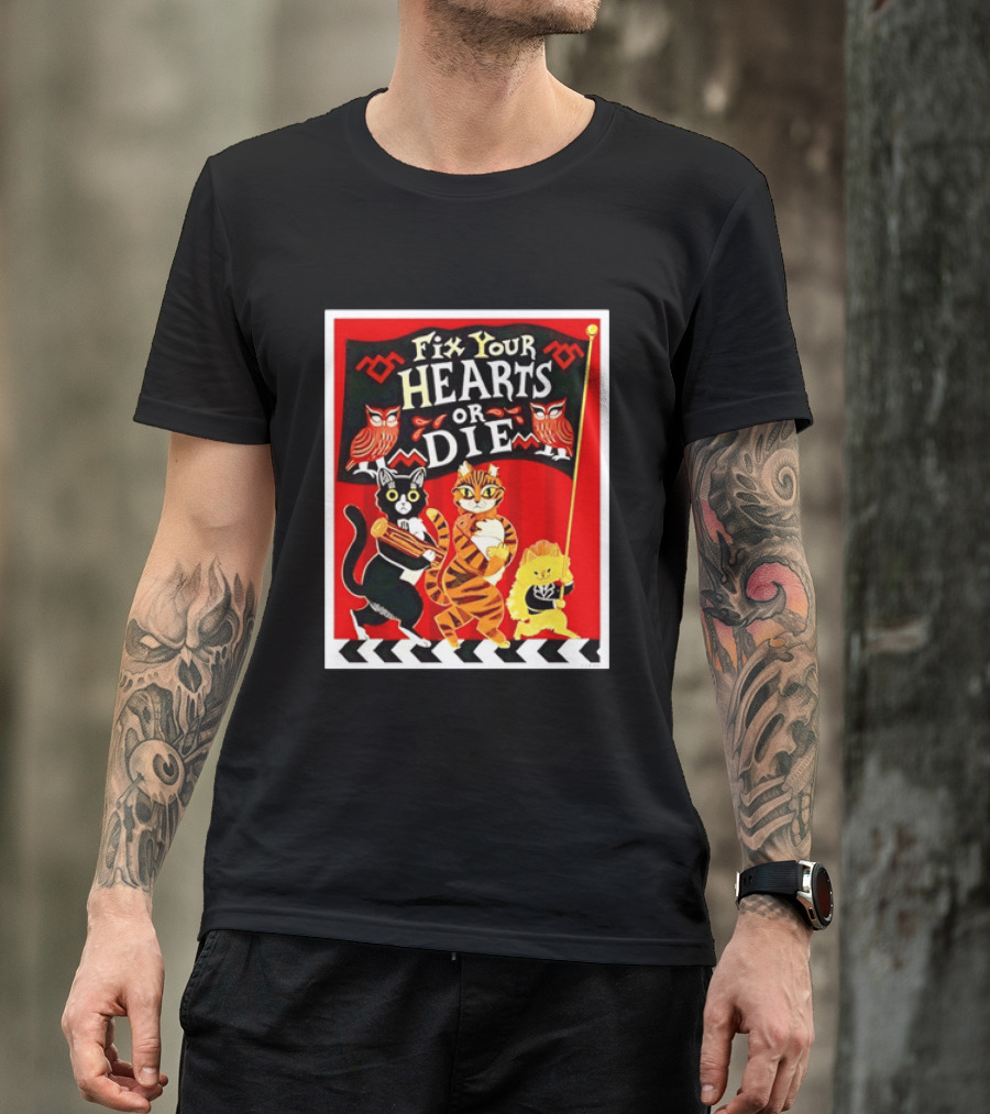 Twin Peaks Cats Fix Your Hearts Or Die David Lynch Owls Red Banner T-Shirt