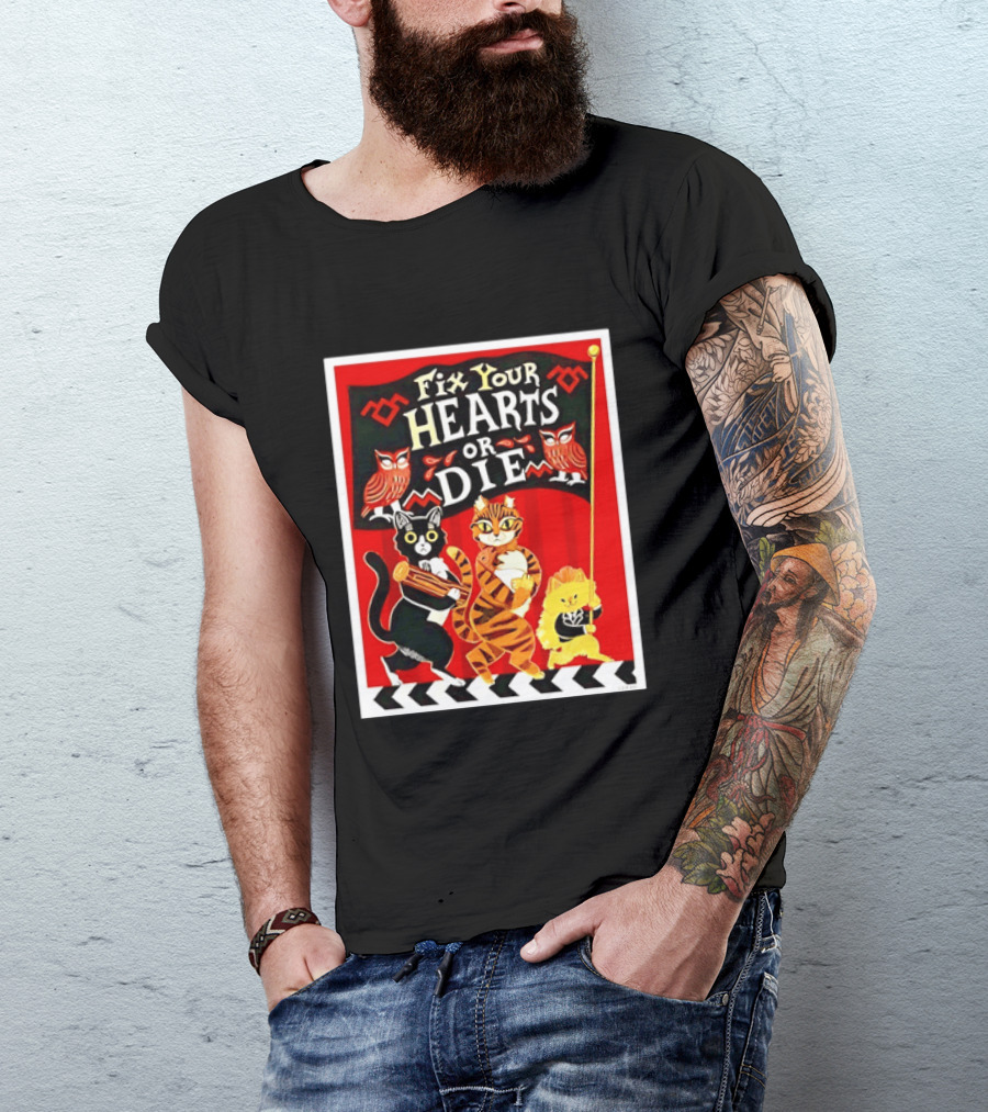 Twin Peaks Cats Fix Your Hearts Or Die David Lynch Owls Red Banner T-Shirt