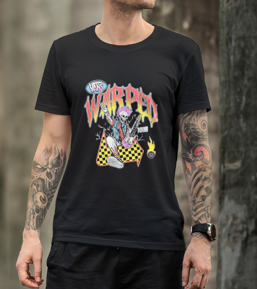Vans Warped Tour 2026 Punk Rock Skeleton Guitarist With Colorful Mohawk T-Shirt