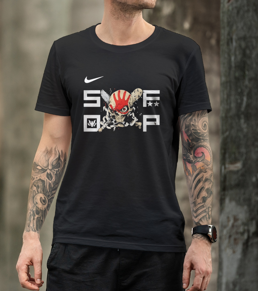 SDFP Skull Chains Brass Knuckles Design With Nike Logo And Red Handprint T-Shirt