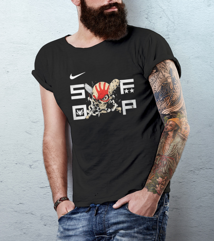 SDFP Skull Chains Brass Knuckles Design With Nike Logo And Red Handprint T-Shirt