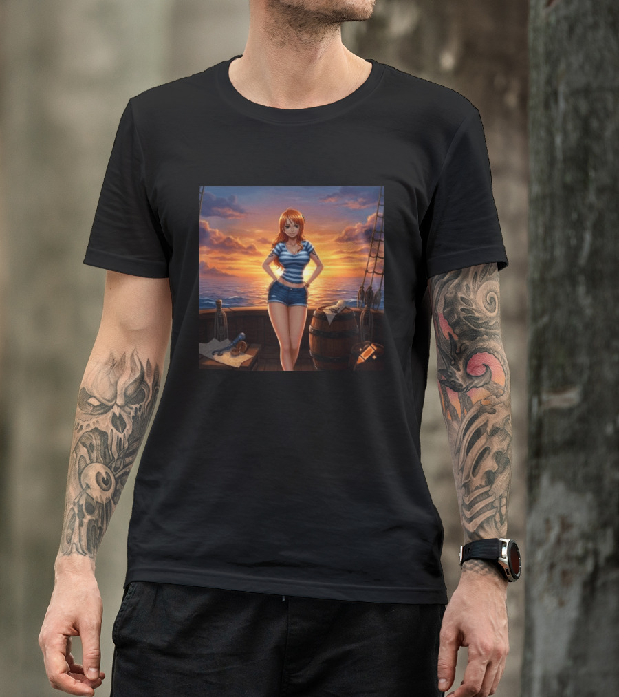 Nami One Piece Joyful Sunset Pirate Ship Ocean Scene T-Shirt