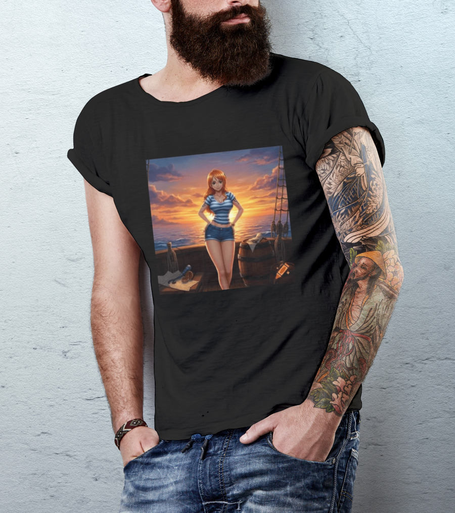 Nami One Piece Joyful Sunset Pirate Ship Ocean Scene T-Shirt