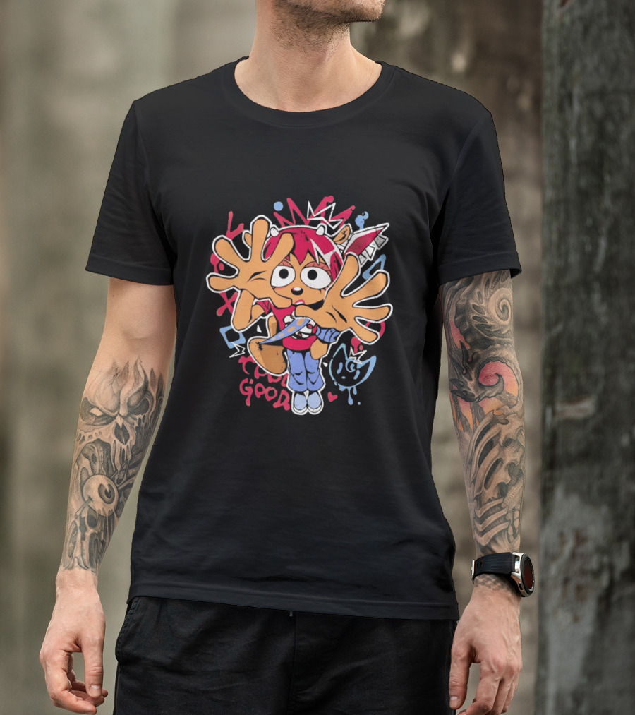 True Good Anime Distressed Graffiti Cartoon Character With Red Hair And Large Hands T-Shirt