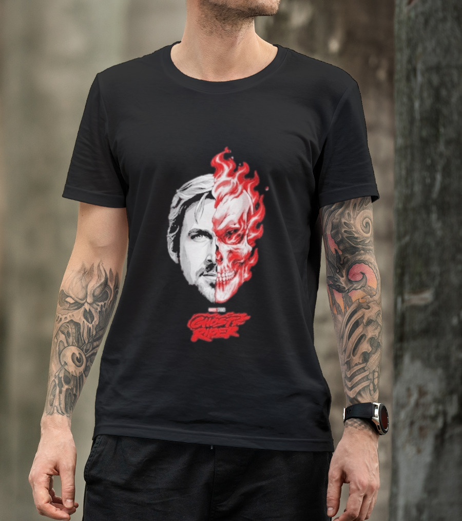 Ryan Gosling Ghost Rider 2028 Split Face Fiery Skull T-Shirt