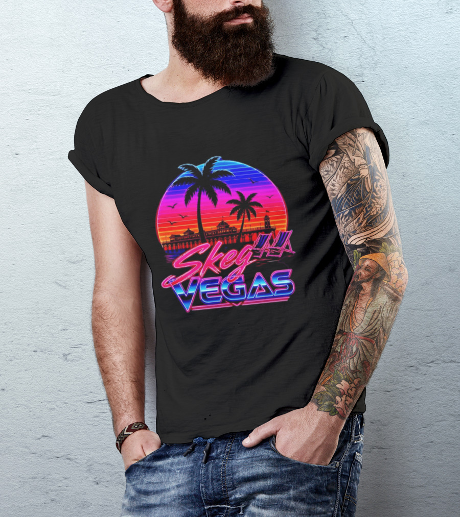 Skeg Vegas Beach Pier Sunset Skegness Retro Neon T-Shirt