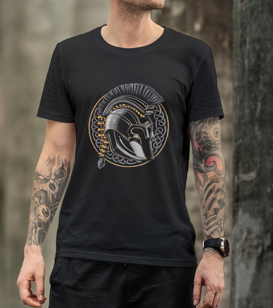 Spartan Helmet Celtic Knot Motif With Braided Spinal Column T-Shirt