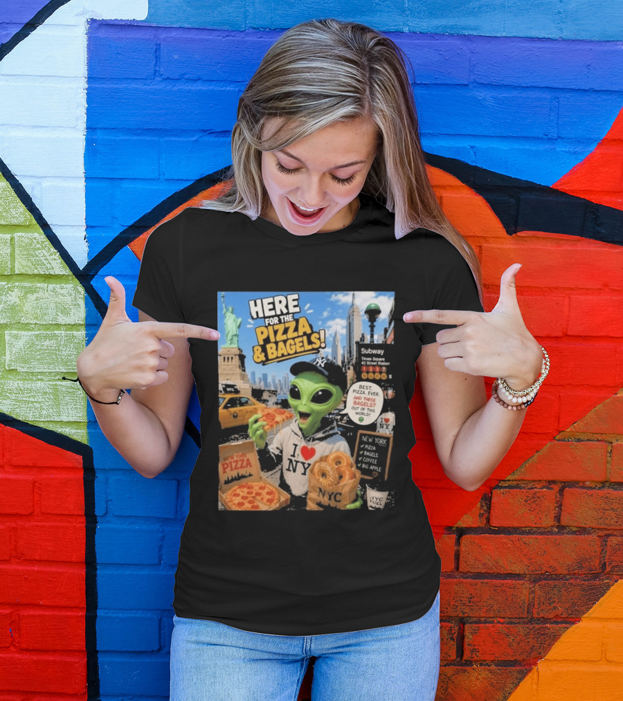 NYC Alien Loves Pizza And Bagels With Statue Of Liberty And Times Square Subway T-Shirt