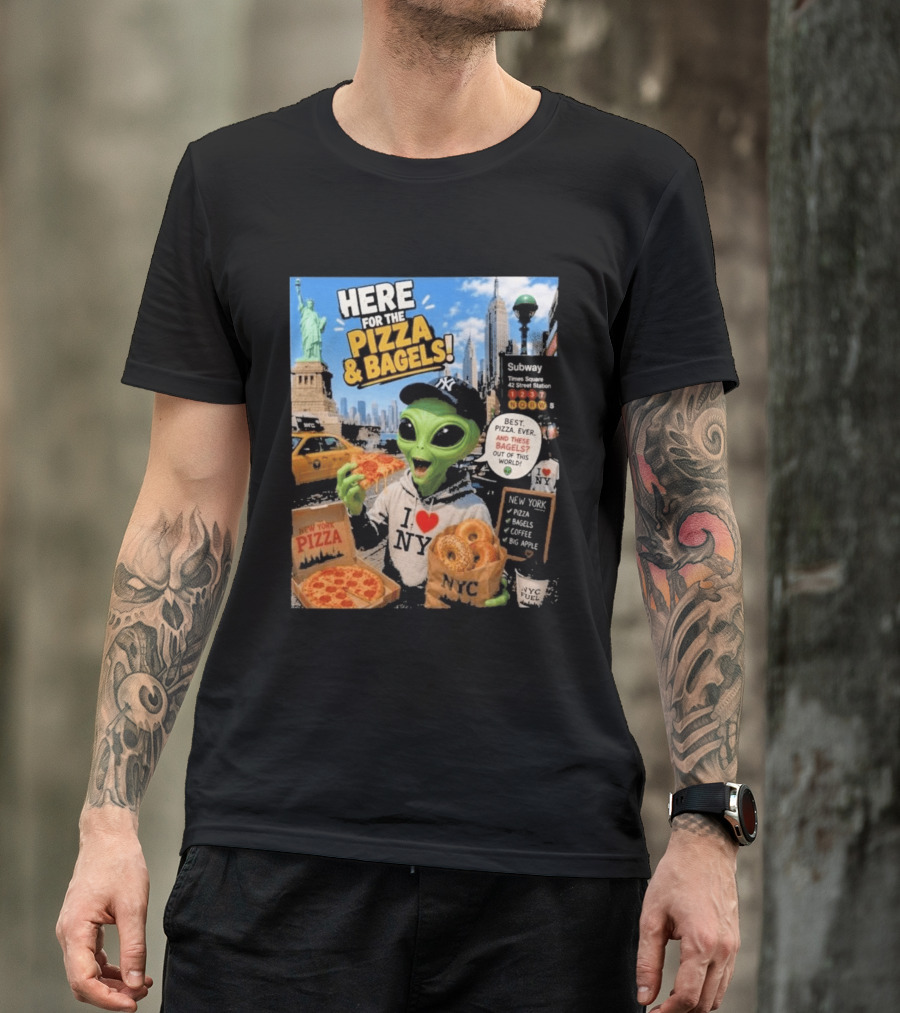 NYC Alien Loves Pizza And Bagels With Statue Of Liberty And Times Square Subway T-Shirt