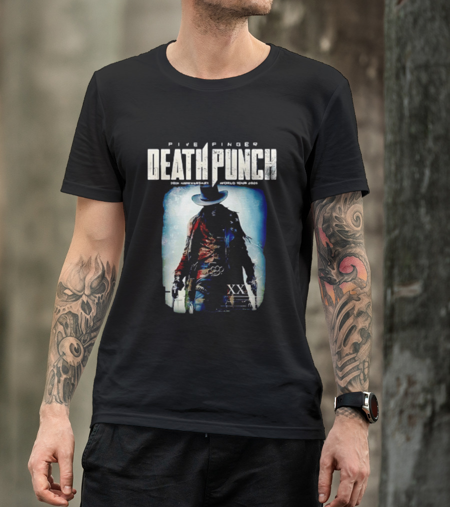 Five Finger Death Punch 20th Anniversary World Tour 2026 Cowboy Imagery With Knuckle Duster And Pistols T-Shirt