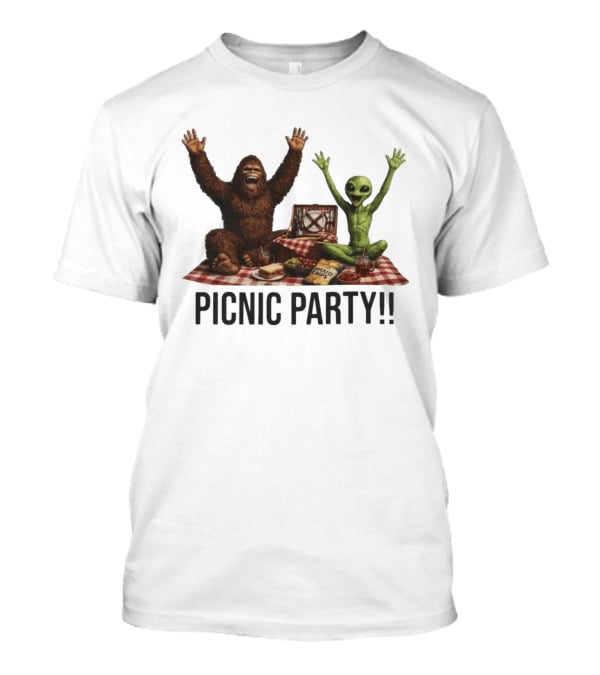 Bigfoot And Alien Picnic Party With Chips And Sandwiches T-Shirt