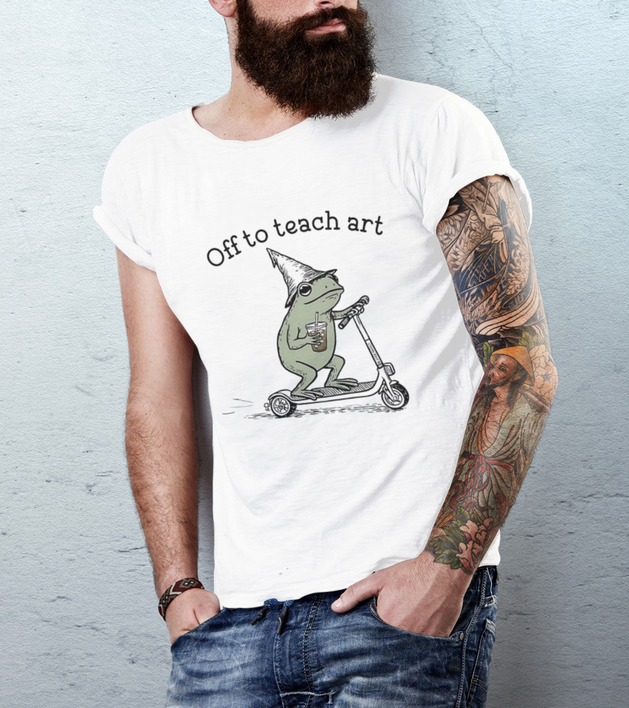 Frog Off To Teach Art With Iced Coffee On Scooter T-Shirt