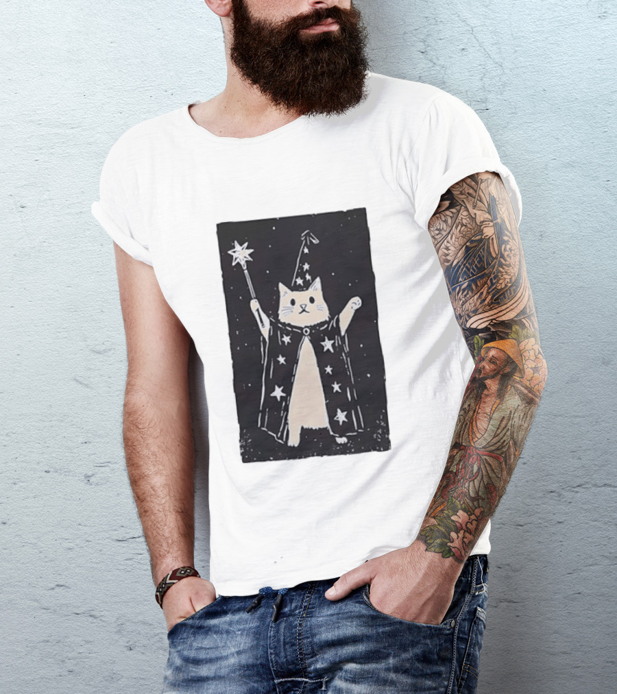The Magician Cat Tarot Card Wizard Hat Starry Cloak Magic Wand T-Shirt