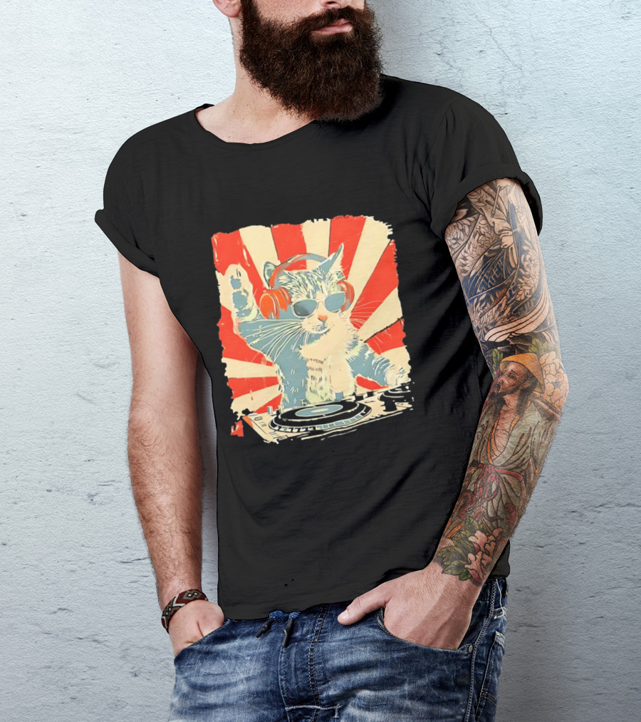 DJ Cat Headphones Sunglasses Retro Style Music Lover T-Shirt