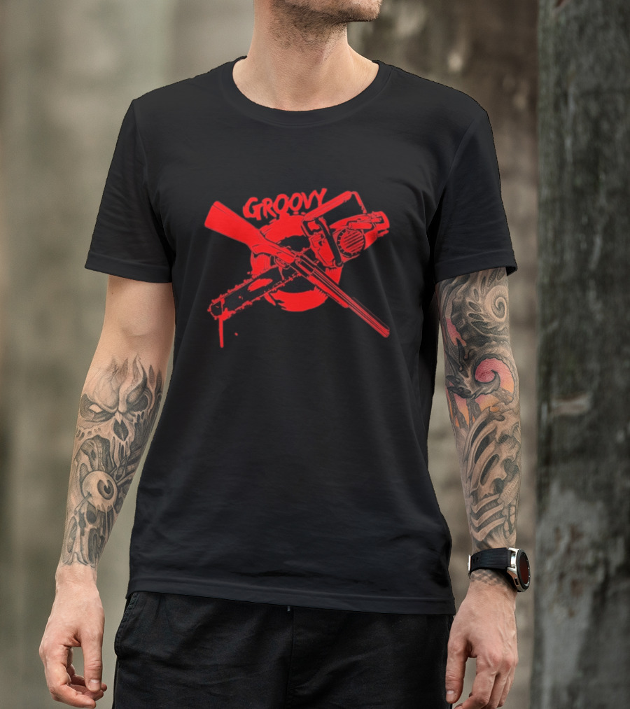 Ash Williams Evil Dead Groovy Chainsaw Shotgun T-Shirt