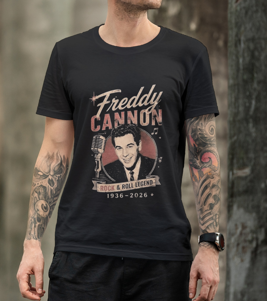 Freddy Cannon Rock & Roll Legend In Loving Memory 1936 2026 Microphone Musical Notes T-Shirt
