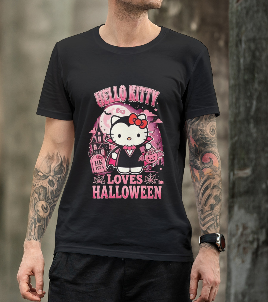 Hello Kitty Loves Halloween Vampire Costume Pink Bats And Haunted House T-Shirt