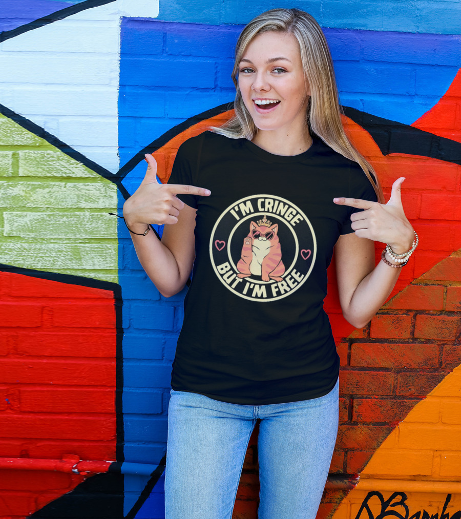 I'm Cringe But I'm Free Cat Crown Sunglasses Hearts T-Shirt