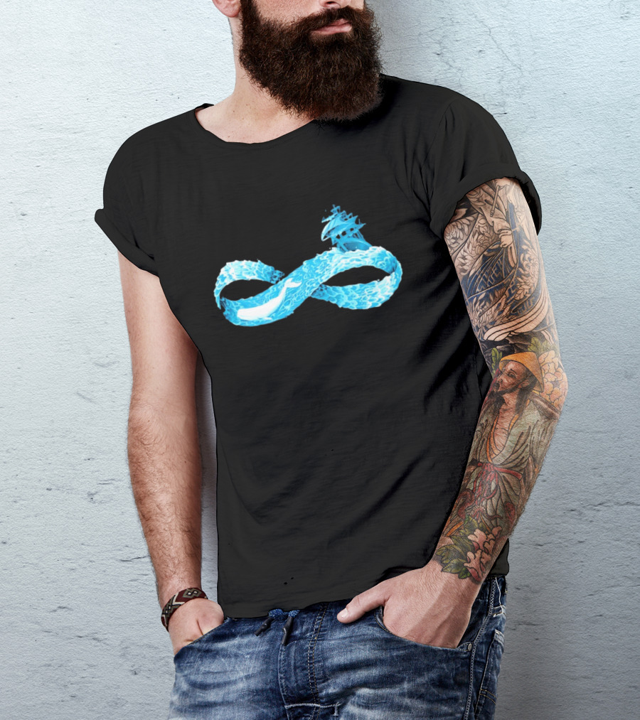 Infinity Symbol With Whale Swimming Beneath Sailing Ship Formed By Ocean Waves T-Shirt