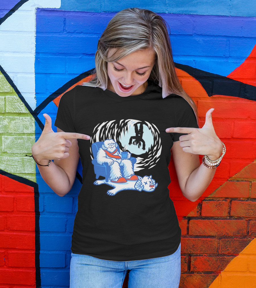 Yeti Relaxing In A Chair With Hot Drink And Abominable Snowman Rug T-Shirt