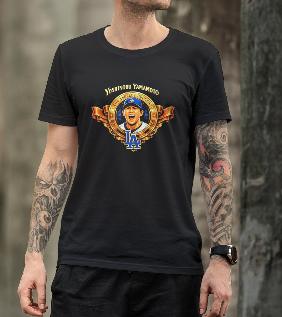 Yoshinobu Yamamoto Los Angeles Dodgers LA Gold Crest T-Shirt