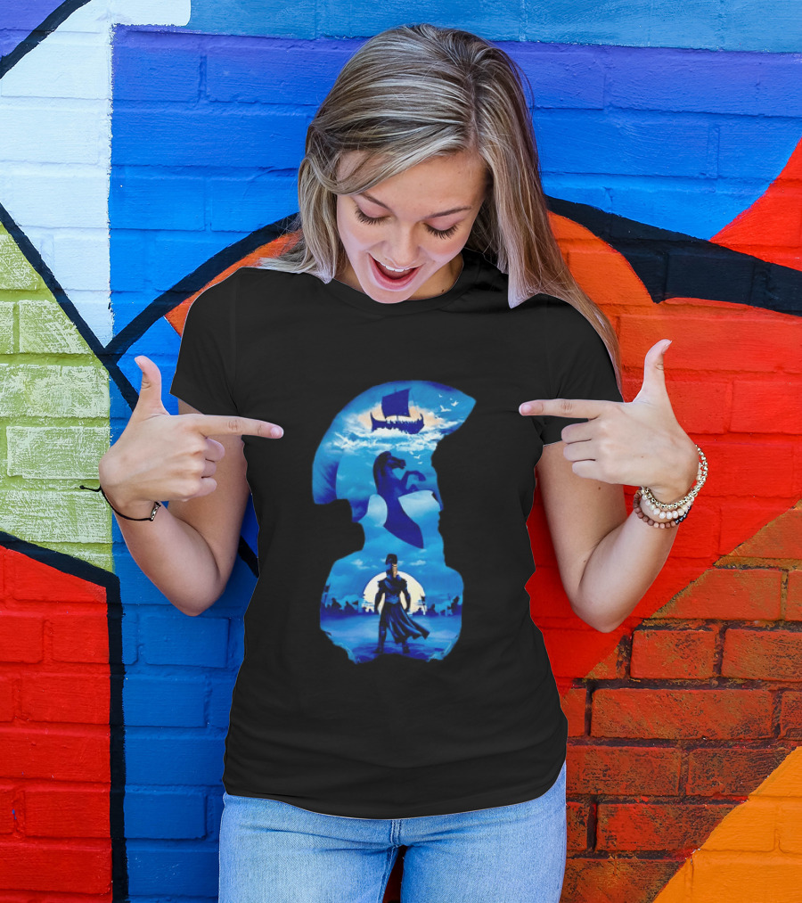 Spartan Warrior With Trojan Horse And Ancient Ship In Mythical Blue Scene T-Shirt