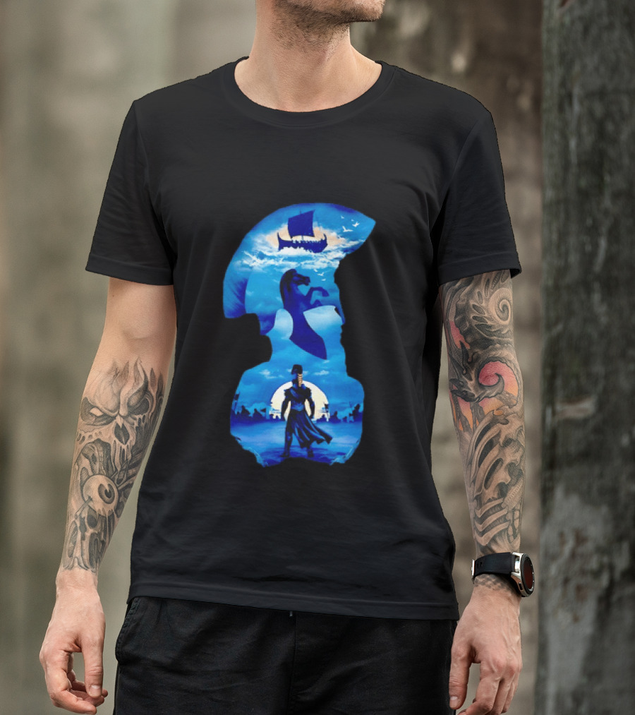 Spartan Warrior With Trojan Horse And Ancient Ship In Mythical Blue Scene T-Shirt