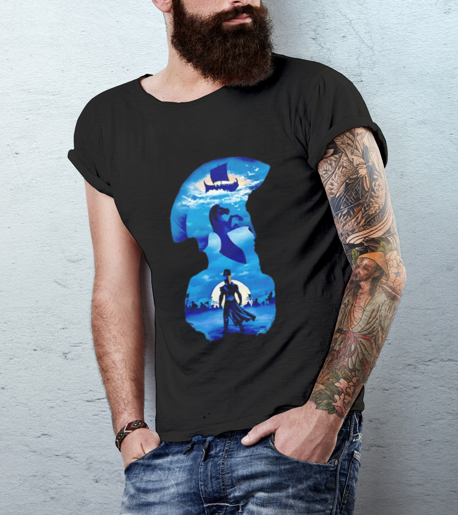 Spartan Warrior With Trojan Horse And Ancient Ship In Mythical Blue Scene T-Shirt