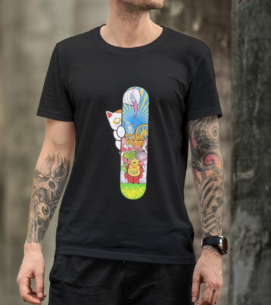Stinc Team TGF Buddha Cat With Skateboard And Dripping Paint Aesthetic T-Shirt