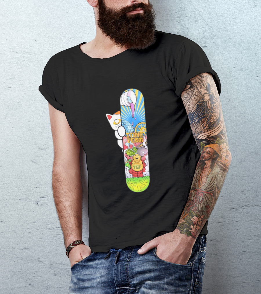 Stinc Team TGF Buddha Cat With Skateboard And Dripping Paint Aesthetic T-Shirt