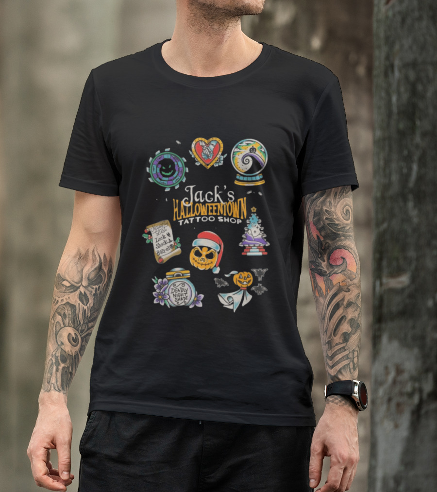Jack's Halloweentown Tattoo Shop Oogie Boogie Santa Skull Lock Shock Barrel T-Shirt