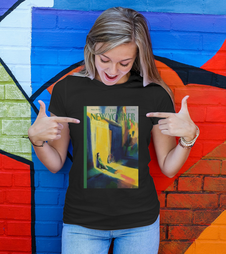 The New Yorker August 3 2026 Pierre Emmanuel Lyet Cover Art Female Figure With Bicycle In Vibrant Alley Scene T-Shirt