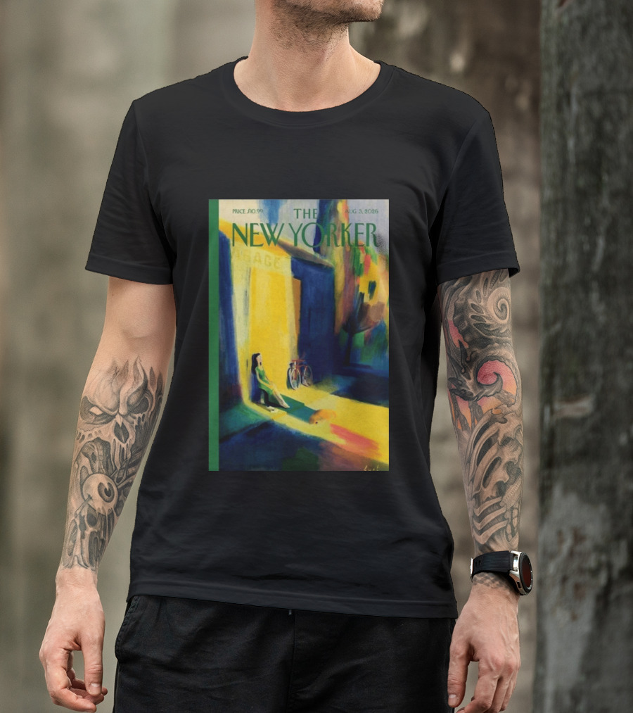 The New Yorker August 3 2026 Pierre Emmanuel Lyet Cover Art Female Figure With Bicycle In Vibrant Alley Scene T-Shirt