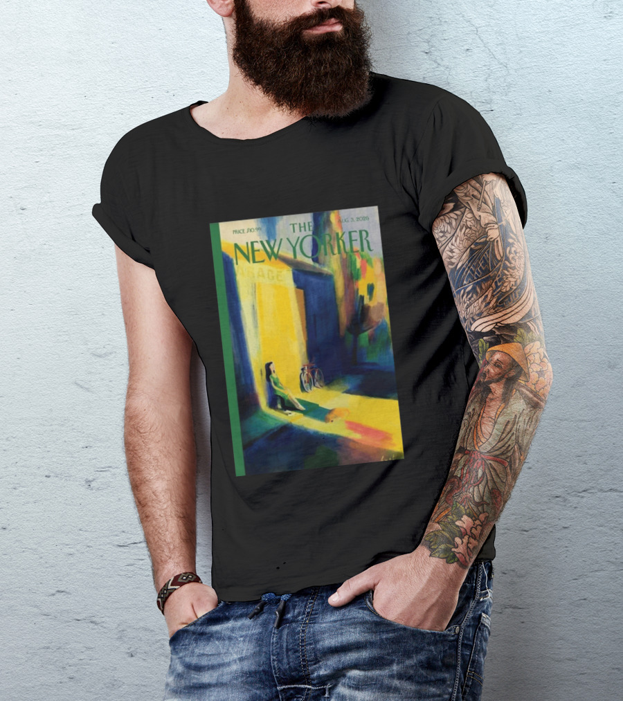 The New Yorker August 3 2026 Pierre Emmanuel Lyet Cover Art Female Figure With Bicycle In Vibrant Alley Scene T-Shirt