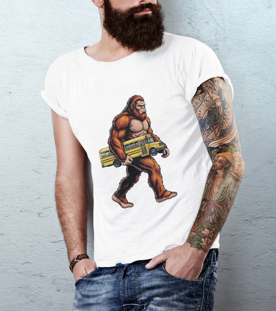 Bigfoot Sasquatch Carrying Yellow School Bus T-Shirt