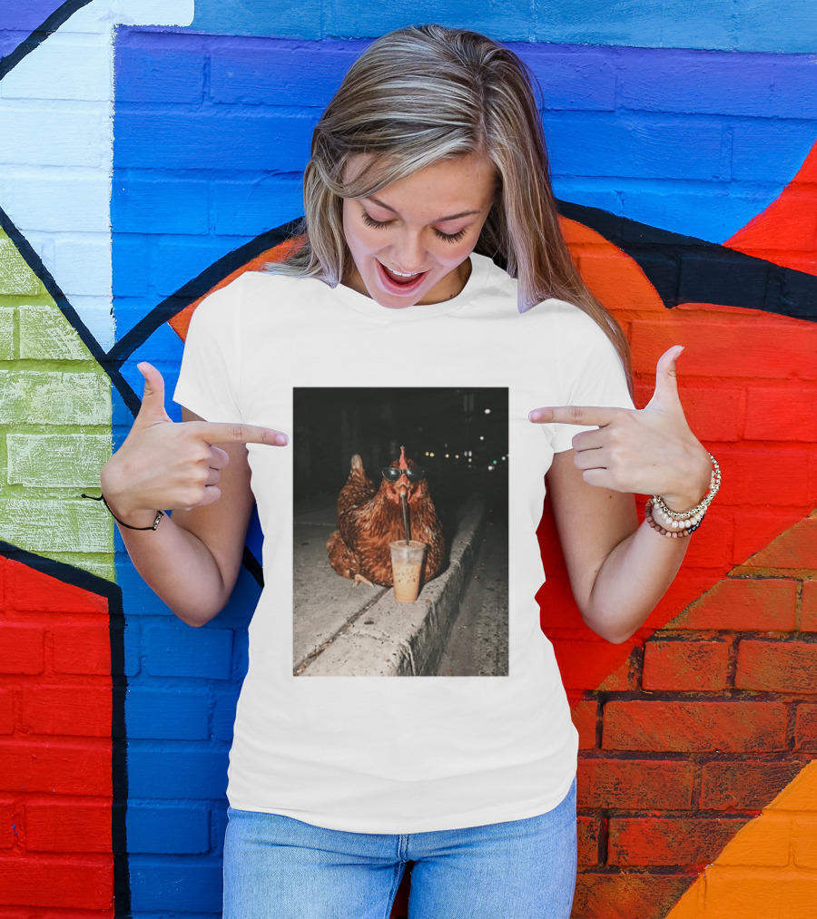 Chicken Wearing Sunglasses Drinking Iced Coffee At Night T-Shirt