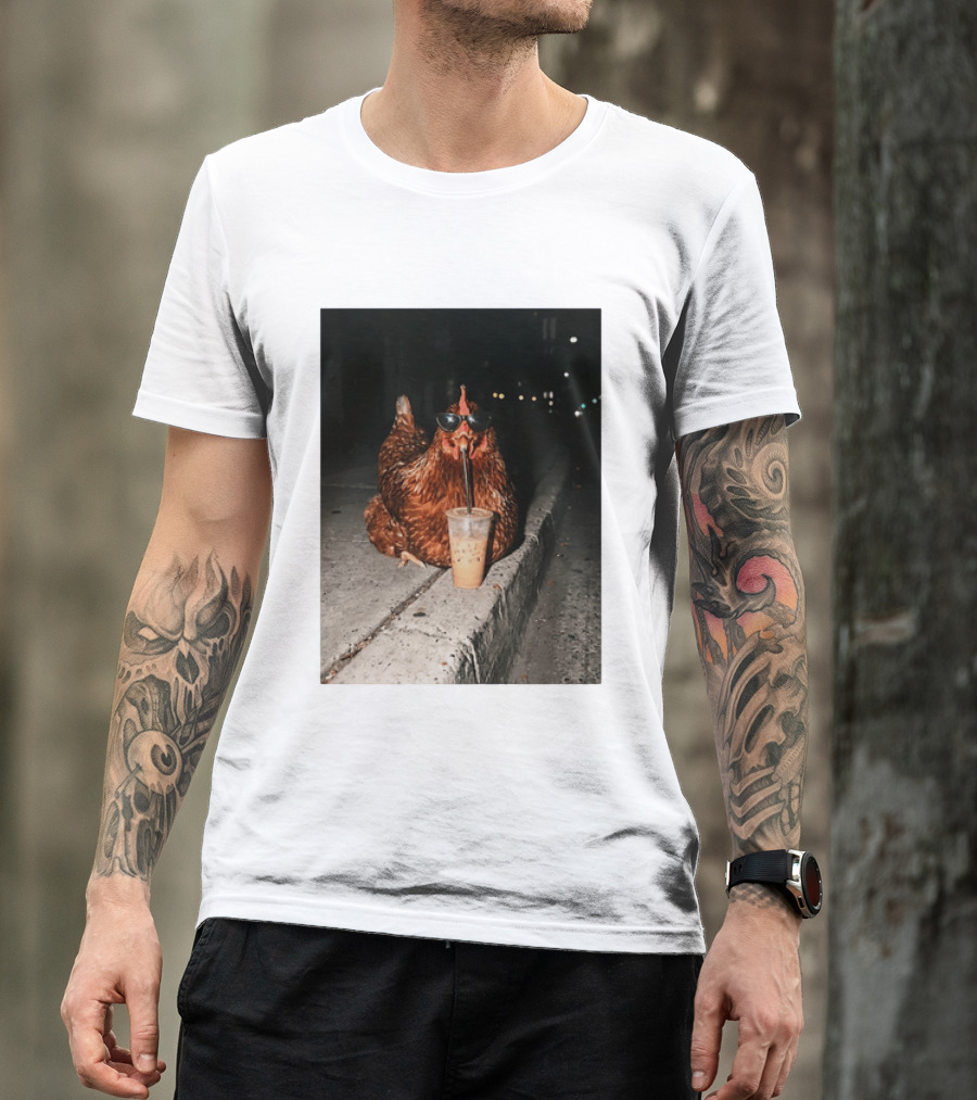 Chicken Wearing Sunglasses Drinking Iced Coffee At Night T-Shirt