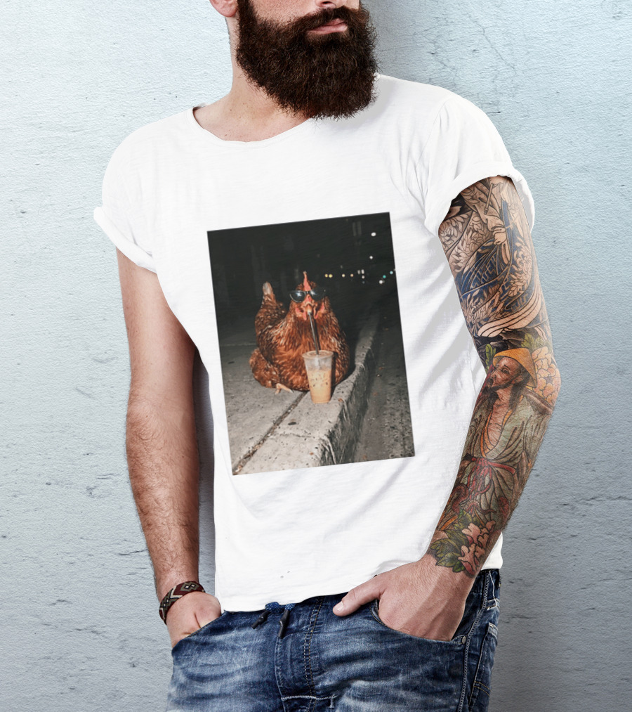 Chicken Wearing Sunglasses Drinking Iced Coffee At Night T-Shirt