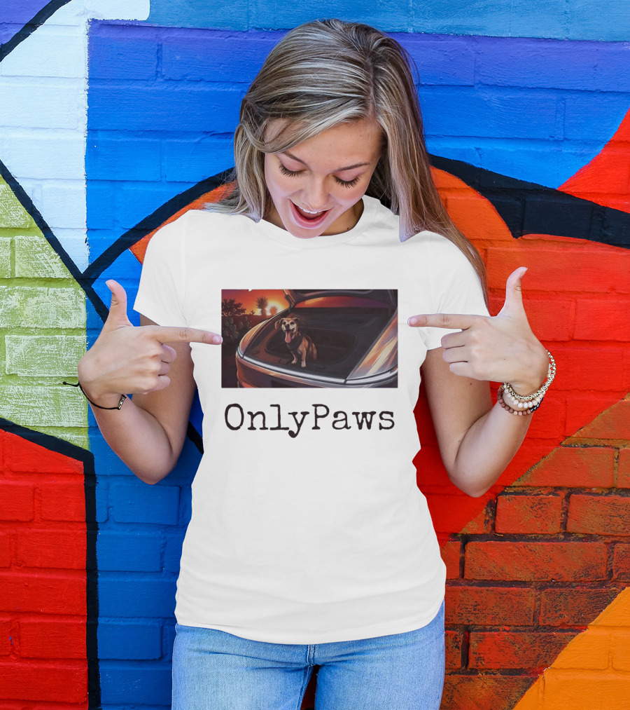 OnlyPaws Dog In Car Trunk At Sunset Desert Scene T-Shirt